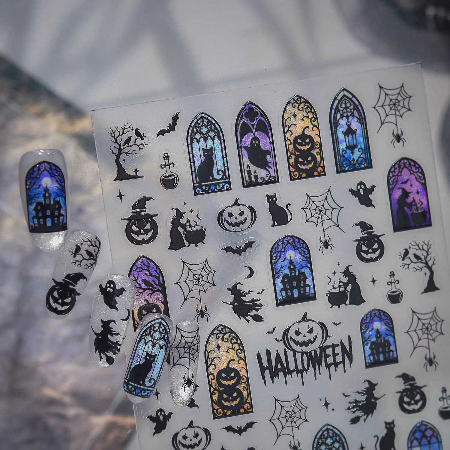 Halloween Nail Stickers Pumpkin Ghost Black Cat Bat Spider Web Witch Church Window Pattern Design DIY Nail Stickers Decoration