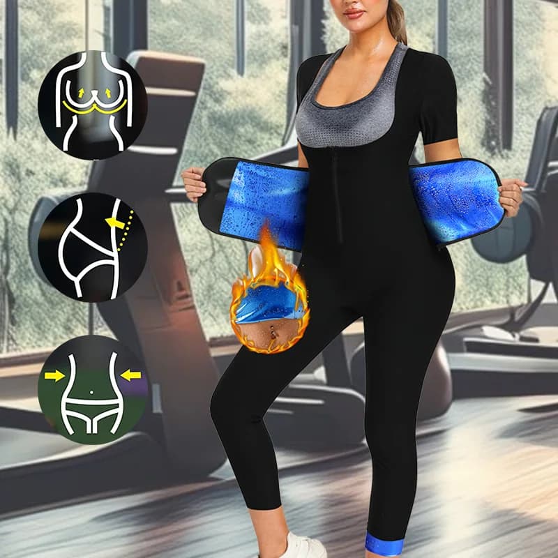 4 in 1 women's short-sleeved suit, modeling sauna overall for the whole body, for training, weight loss and slimming, with shaping belt.