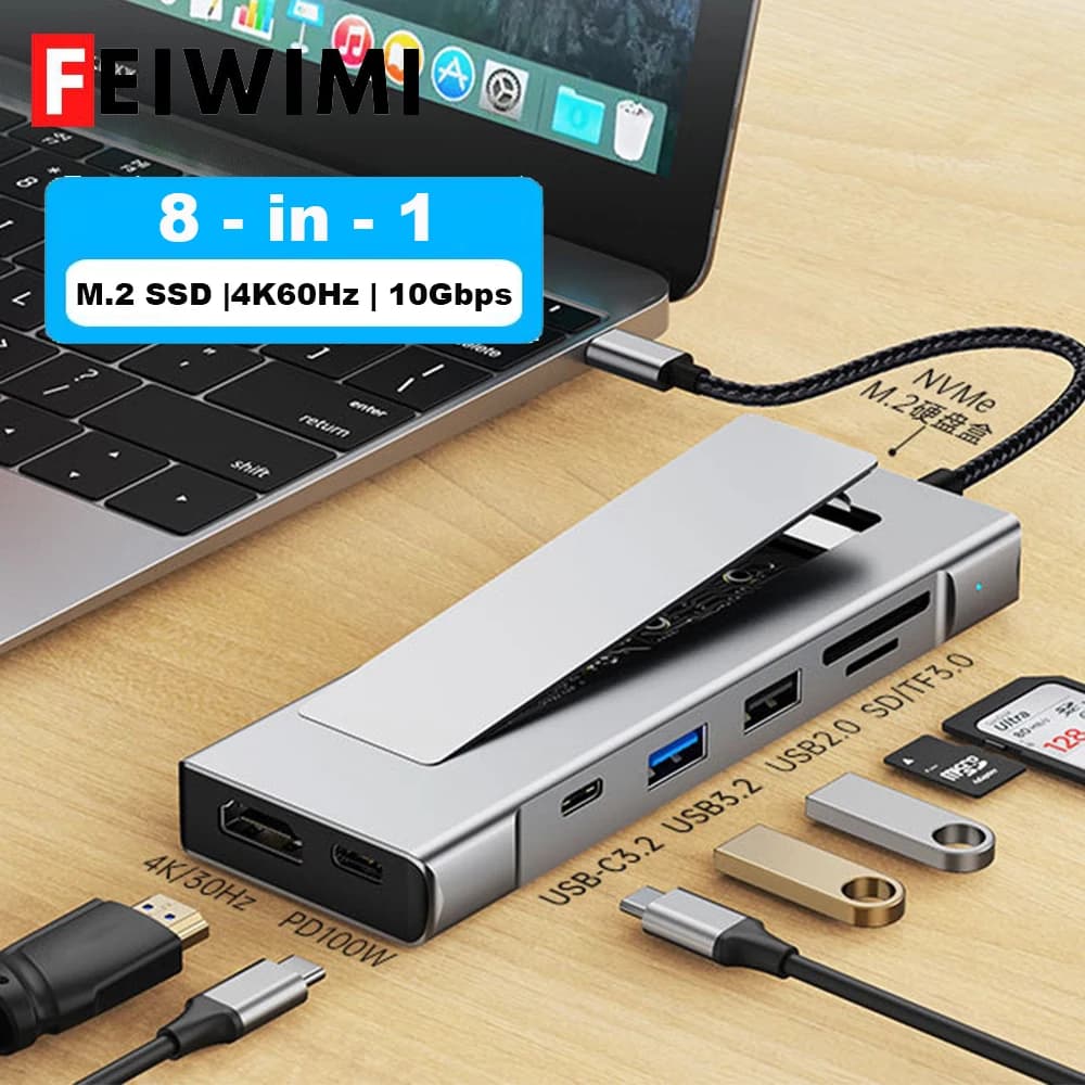 FEIWIMI M.2 SSD Hub 8 Ports USB C Docking Station Type C to HDMI 4K60Hz USB3.2 10Gbps PD100W Adapter For Laptop Macbook Pro