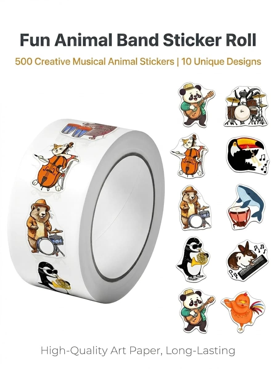 1Roll(500Pcs) Cute Animals Band Group Pattern Stickers 2.5cm/1.0'' 10 Designs Decals Diy Adorn Gifts Packs Home Decor Seal Label