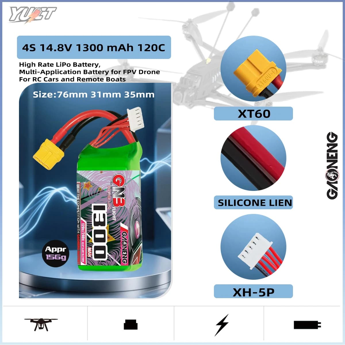 YUCT GNB 6S LiPo Battery 22.2V 1100mAh 1300mah 14.8V 4S Lithium Battery XT60 120C/Max240C For FPV Drone Quadcopter Small Whoop