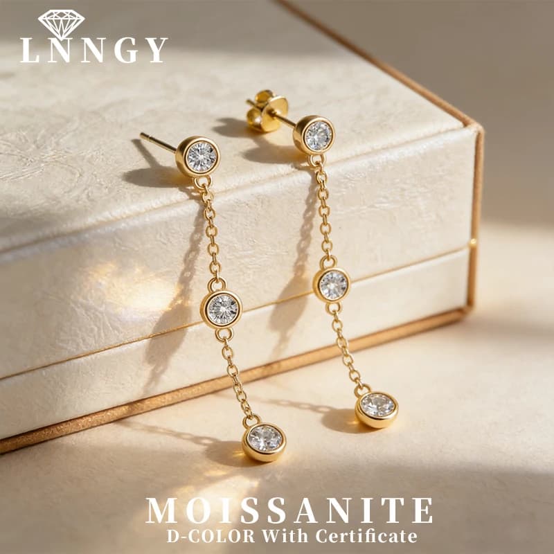 Orecchini pendenti con nappe a catena lunga in argento sterling 925 puro Lnngy, con moissanite rotonda da 3 mm incastonata, per donna, gioielli certificati