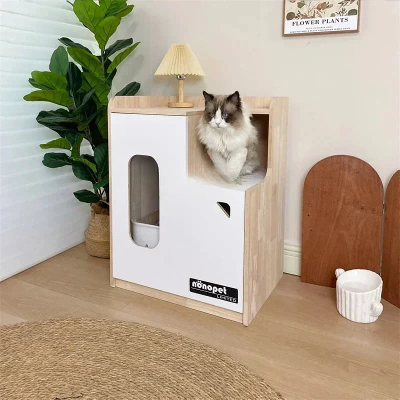Lettiera per Gatti in Legno Massello, Contenitore Chiuso Anti-Schizzi e Anti-Fumo con Funzione Deodorante