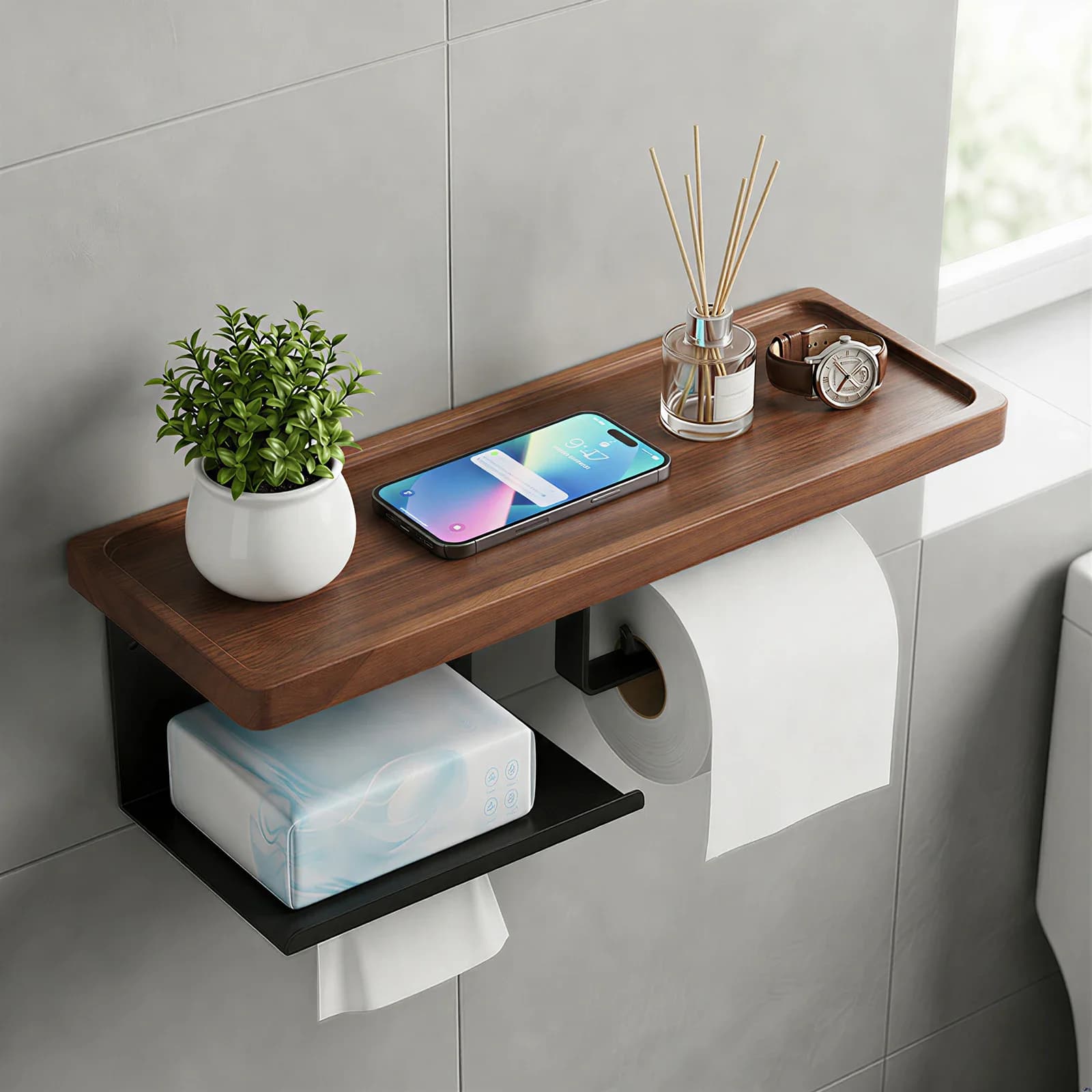 Toilet Paper Holder Wide Wood with Shelf Wall Mount Tissue Roll Holder Bathroom Storage Rack Organizer Shelves