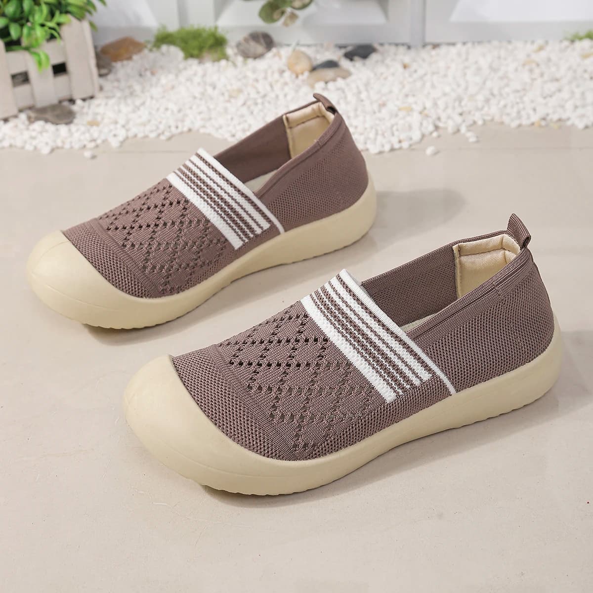 Ladies Elastic Band Knit Sneakers, Breathable Hollow Mesh Slip-On Shoes, Comfortable Walking Footwear,Flat Sole Daily Shoes