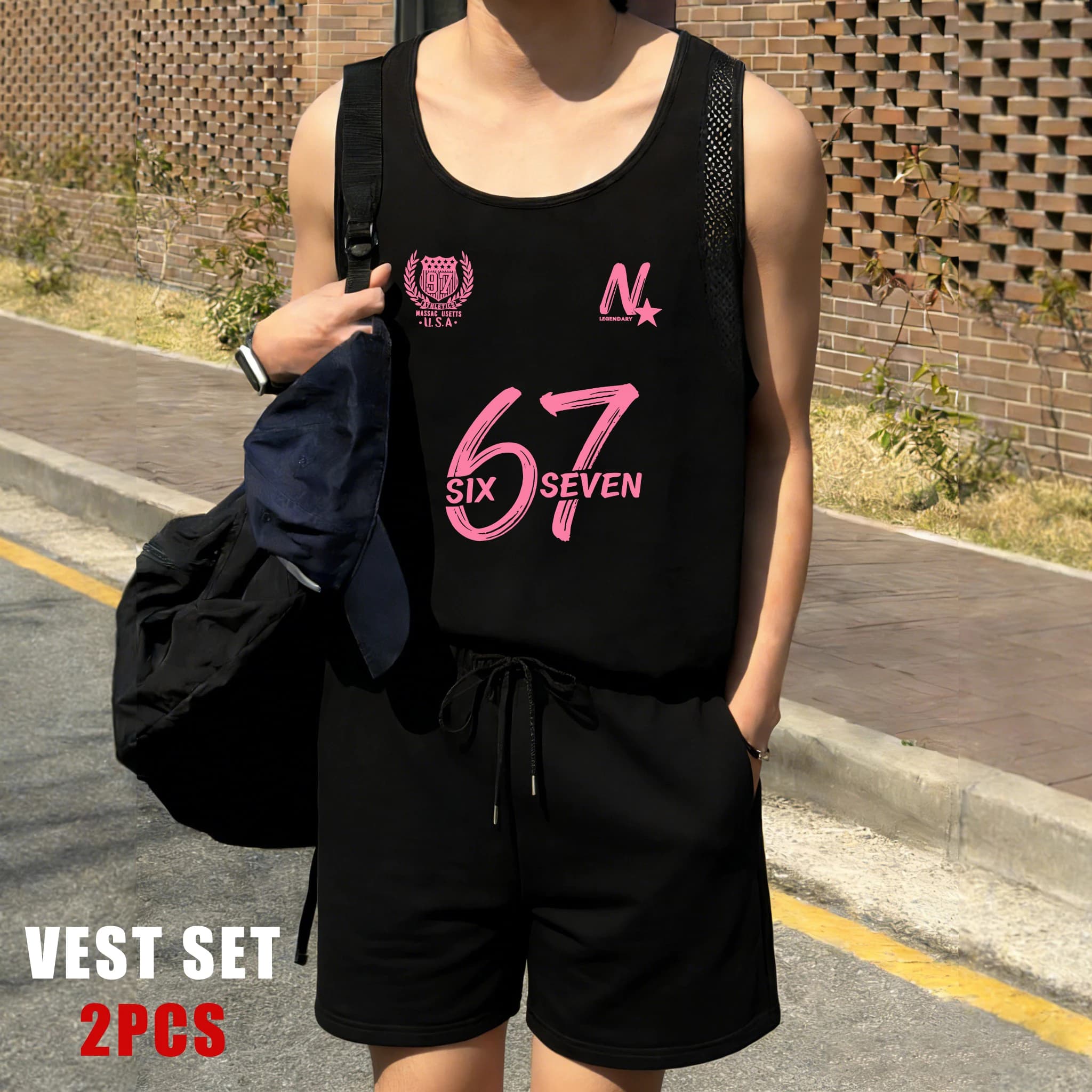 Unisex New York Number Six Seven: Soft Reticular Vest without sleeves and shorts with Coulisse