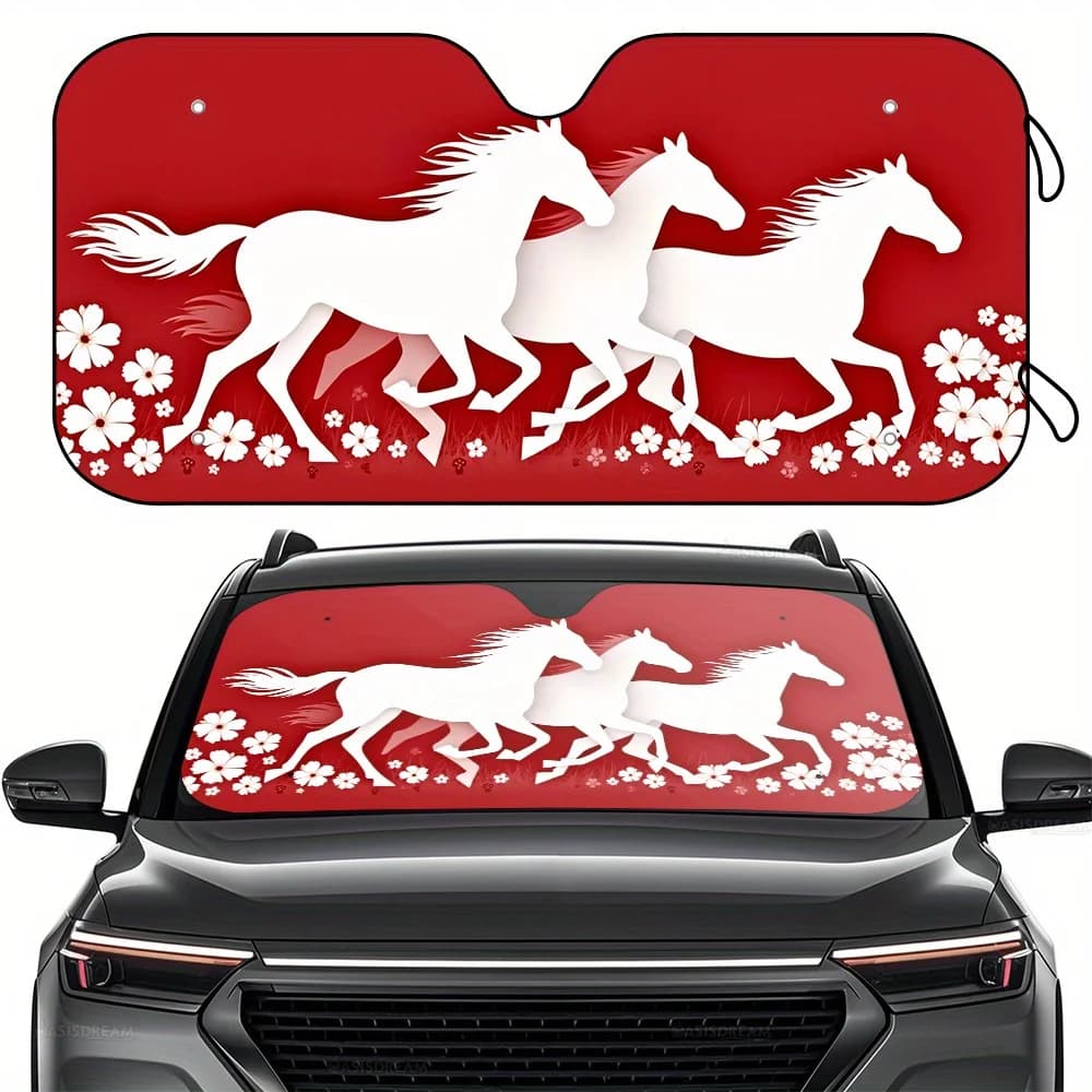 Un pezzo di parasole protettivo UV con un design sagoma di cavalli da corsa per il parabrezza anteriore di un camper, completo di