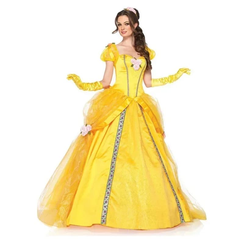 Costume di Halloween La Bella e la Bestia, Abito Lungo Giallo, Vestito da Principessa Belle, Costume per Carnevale e Mascherata, Abito da Personaggio Belle per Adulti