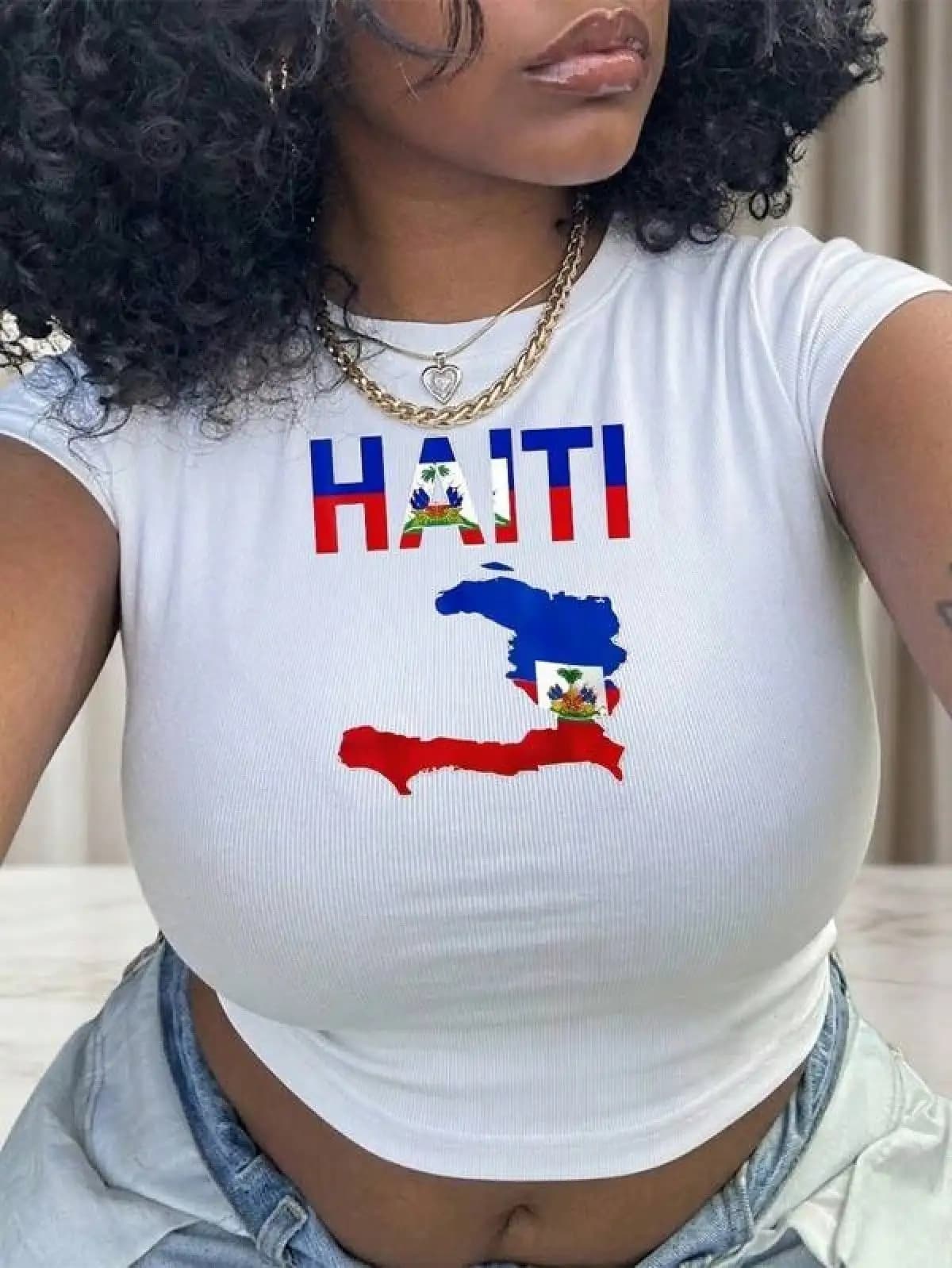 T Shirt Print ,Graphic-Cotton Tees Size Plus,Women's Haiti National Pride Graphic T-Shirt With Haiti Map, Flag Colors, And Emblem Print Fitted Crop Top,With Shirt,Summer Tops,Shirt Suitable