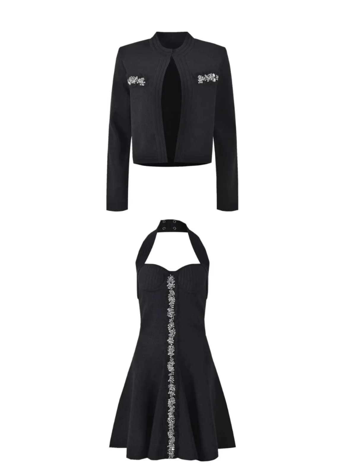 Completo da donna elegante e sexy in maglia corta con giacca, girocollo, in tessuto pesante, nuova collezione Primavera 2025