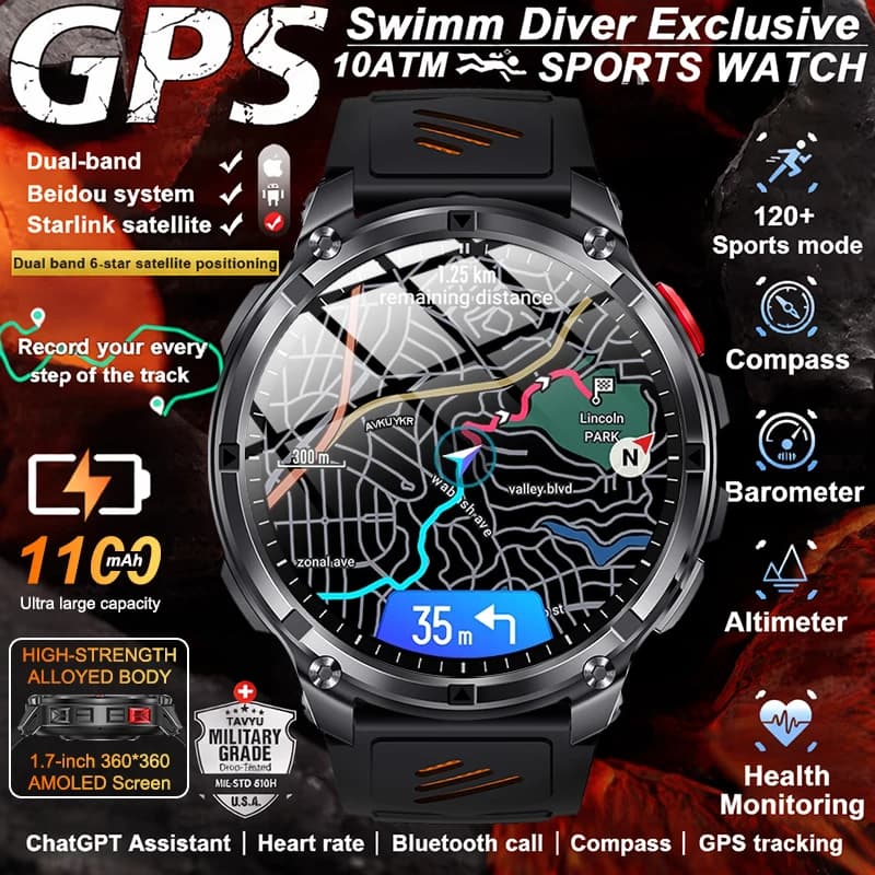 Nuovo Smartwatch Militare GPS 2026 da Uomo, Batteria 1100mAh, Chiamate, Schermo AMOLED da 1,7 Pollici, Bussola, Impermeabile 10ATM, Orologio Sportivo da Uomo