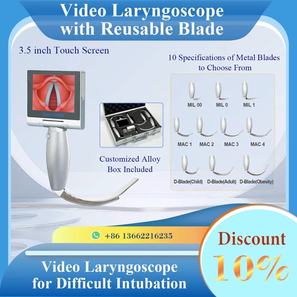 Video laringoscopio touchscreen Sensorendo con lame riutilizzabili (MIL0/MIL1/MAC1/MAC2/MAC3/MAC4/D-Blade) per intubazione di anestesia