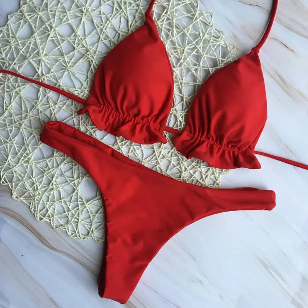 Costume da bagno brasiliano estivo da donna, sexy, con top a fascia e slip a perizoma, set 2 pezzi, push-up, con lacci, per la spiaggia