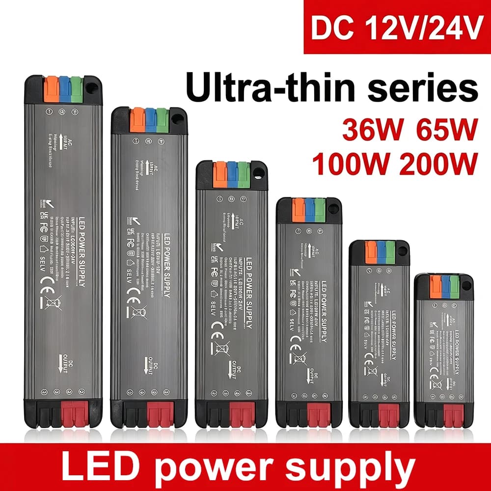 Ultra Thin LED Power Supply DC 12V 24V LED Driver 36W 65W 100W 200W AC to DC Lighting Transformer For LED Strip Cabinet Light