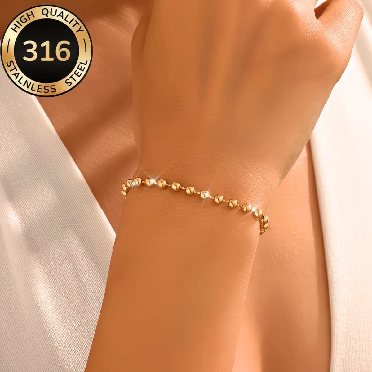 Stainless Steel Gold Plated 18K 4mm Round Beaded Chain Bracelets for Women Simple Fashionable Jewelry School Party Accessories