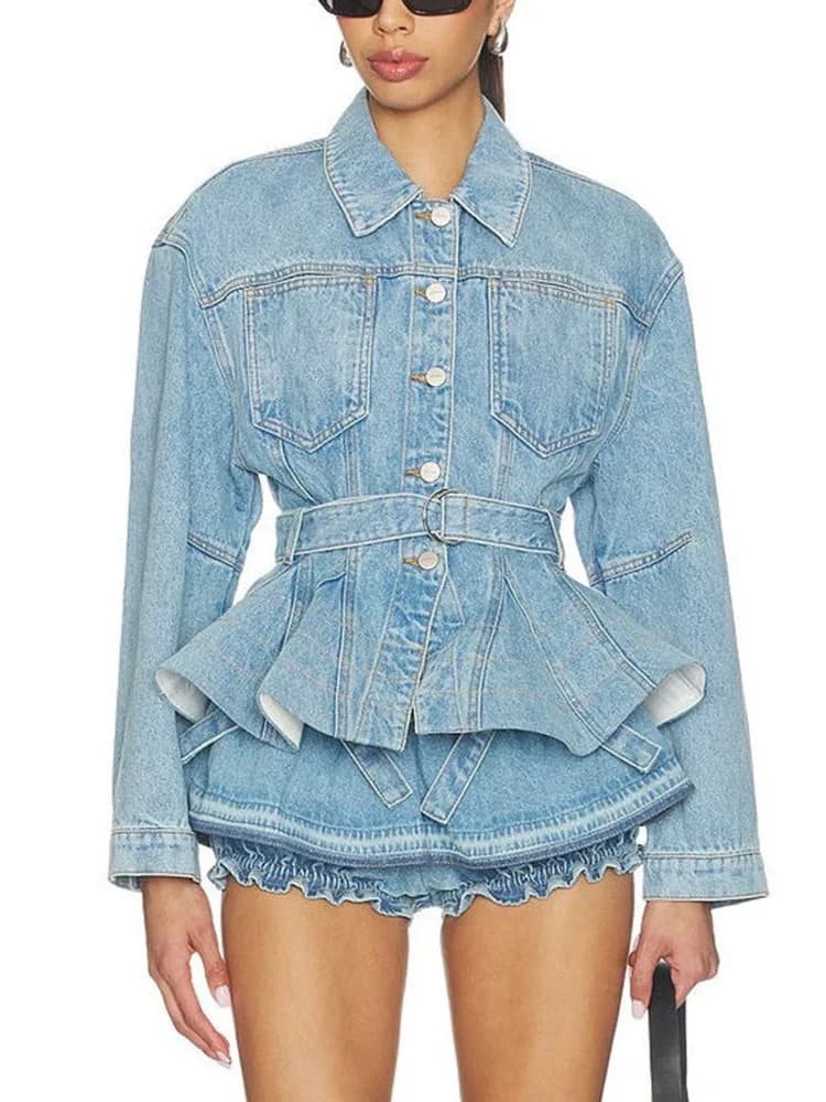 Completo Due Pezzi in Denim per Donna: Giacca Sexy a Maniche Lunghe con Cintura + Pantaloncini con Fiocco, Set da Sera e Cocktail