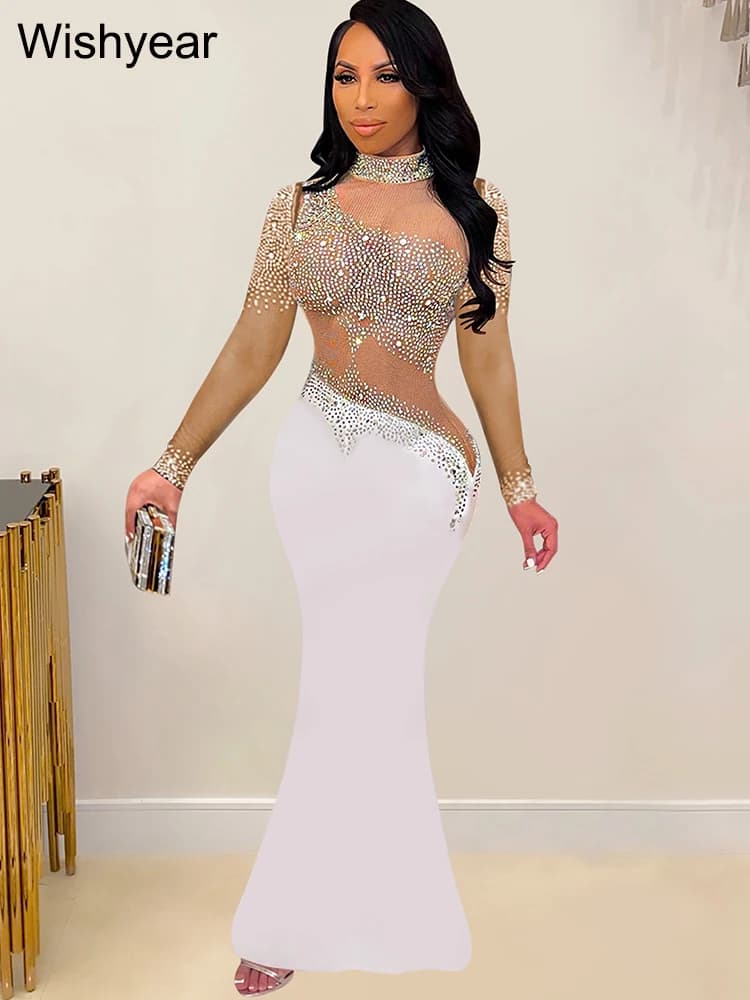 Wishyear Women Evening Party Dress strass Mesh manica lunga sirena elegante Lady Birthday Robe Female Luxury albicocca Vestidos