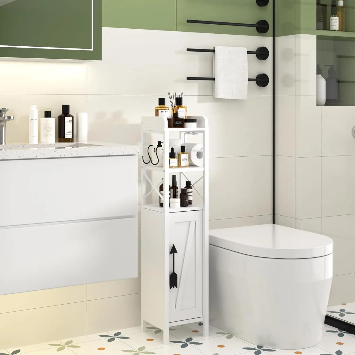 Portarotolo Sottile con Anta e Ripiani, Organizzatore per Bagno Salvaspazio in Bianco Perla