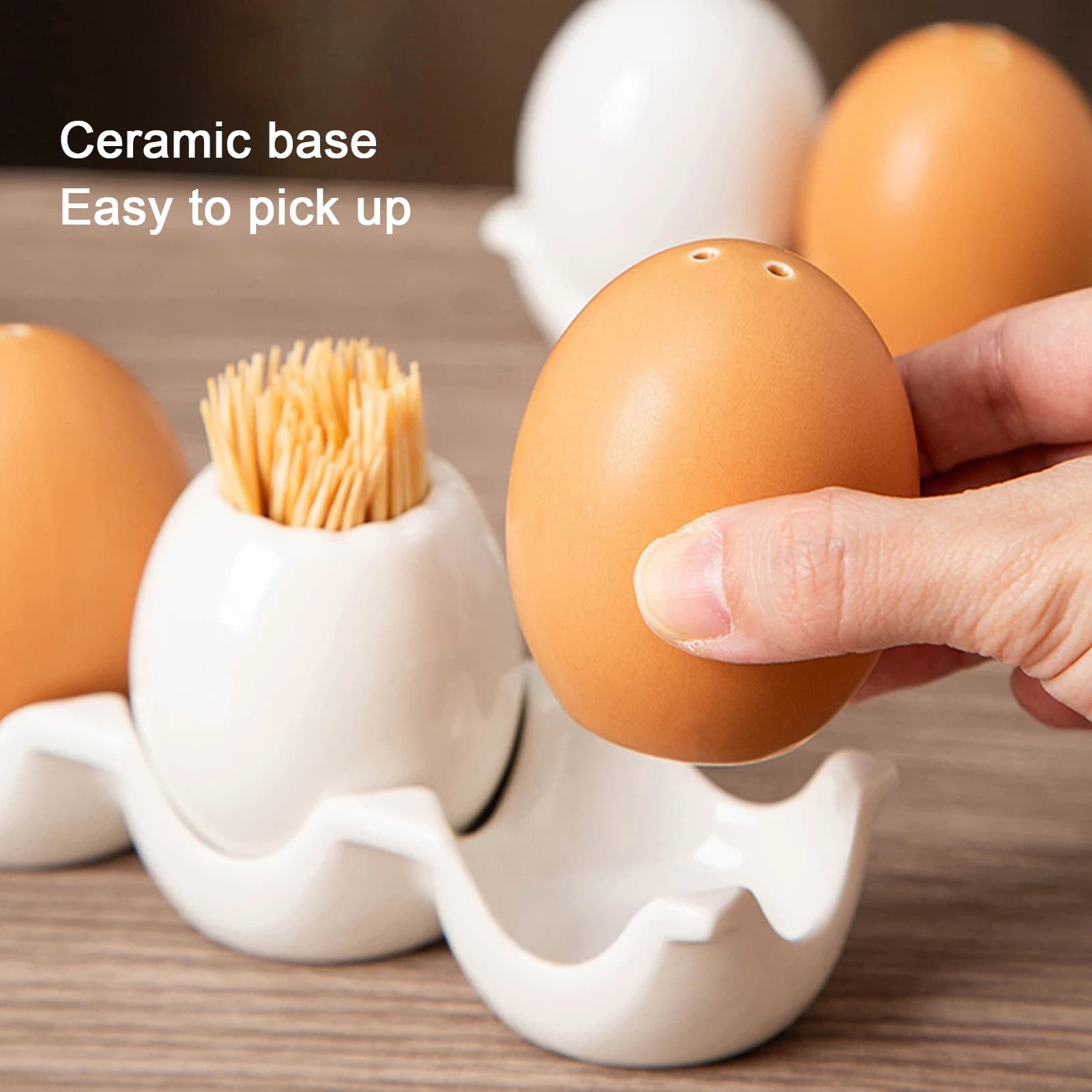 Egg-Shaped Ceramic Kitchen Spice Jar Set Salt Pepper Shaker with Matching Tray Condiment Storage Bottle