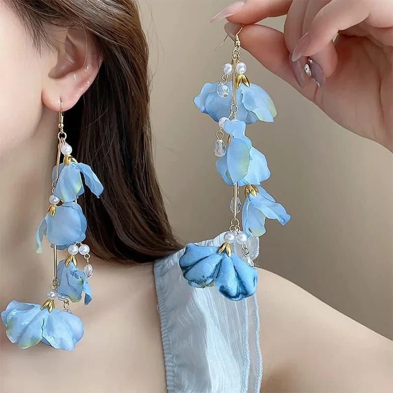 Seaside holiday wind fairy blue gradual change flower tassel long ear hook female Mori small fresh ins wind versatile