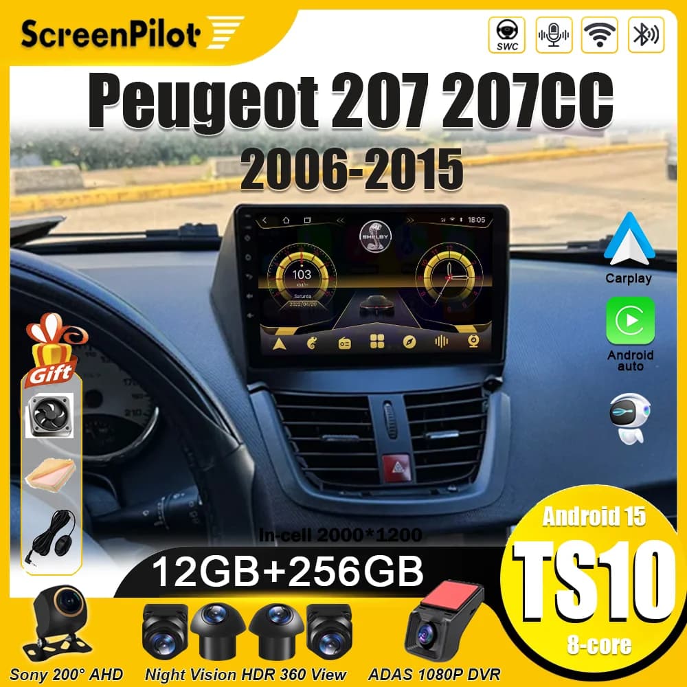Android 16 for Car Radio Peugeot 207 207CC 2006-2015 Multimedia Video Player 2 din Carplay Bluetooth Mirror Link 8 Core Wifi 4G