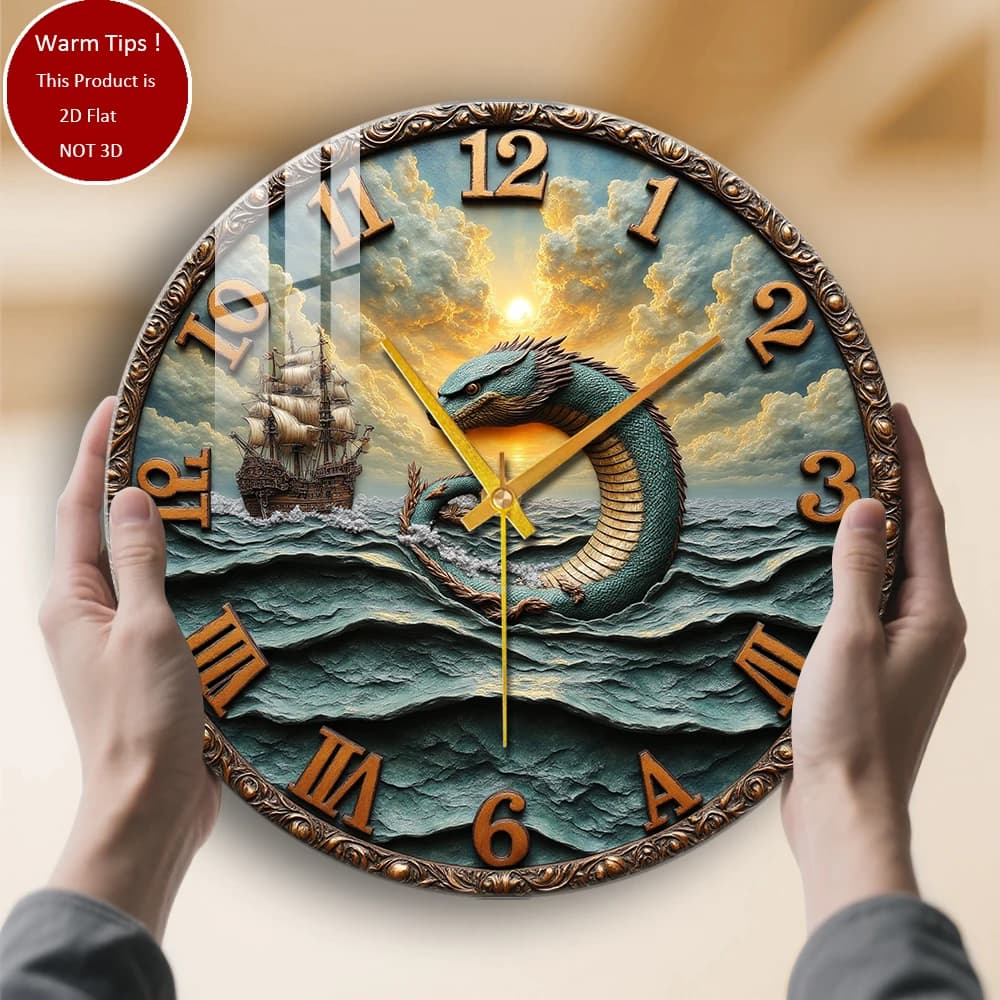 Tempered glass wall clock with sea dragon sunset waves, suitable for wall decoration or table display anywhere
