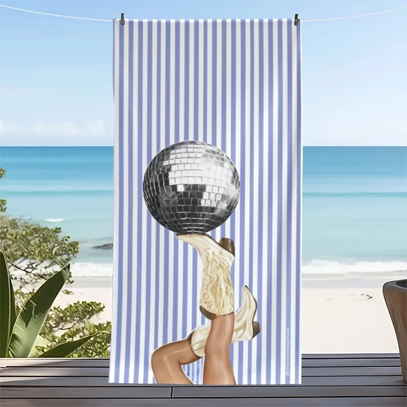Telo mare con palla da discoteca e stivali da cowboy – Design divertente per feste, ad asciugatura rapida, assorbente per spiaggia, viaggi e feste