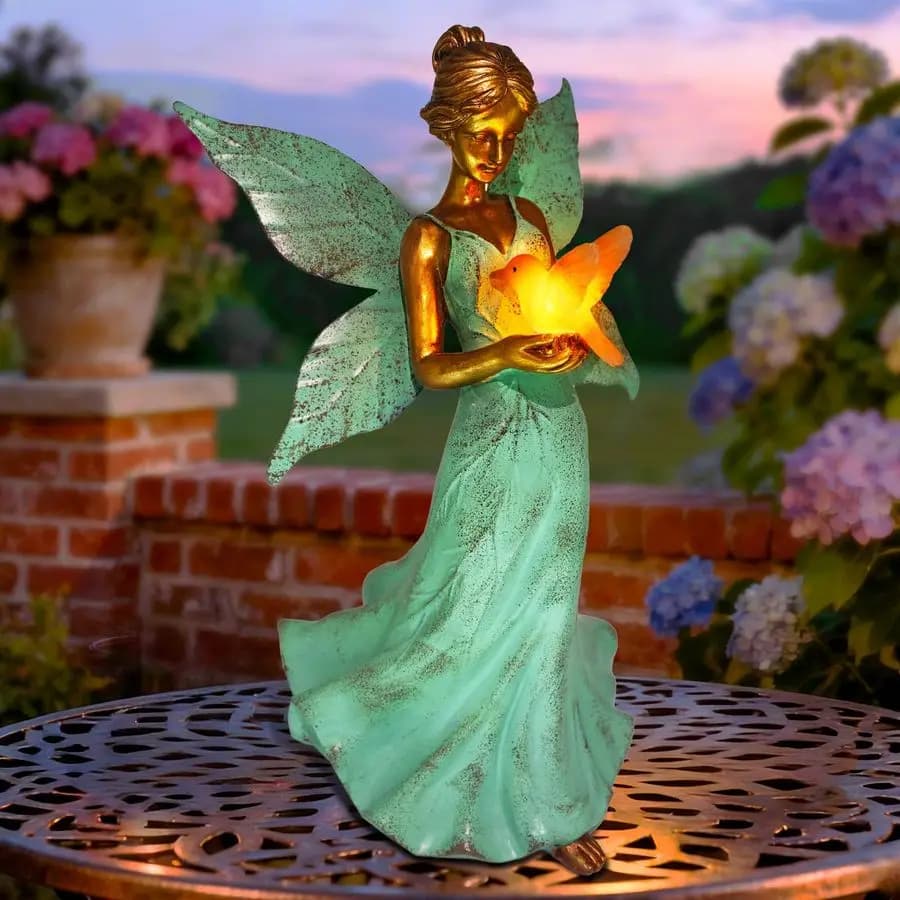 Decorazione della statua del giardino delle fate Decorazione domestica impermeabile in resina da 10 pollici con foglie di angelo per ragazze con luci a LED colibrì per la camera da letto Balc
