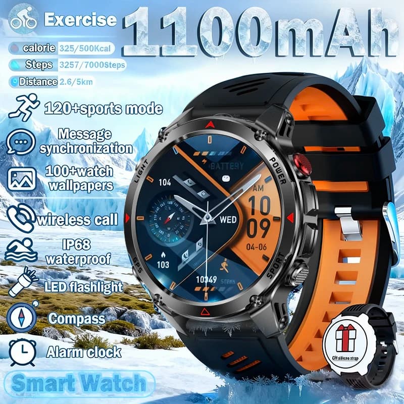 New Smartwatch Military GPS 2026 with Large Battery, Waterproof 3ATM, compass, altimeter, BT calls, 170+ Sports, LED Flashlight, for Men