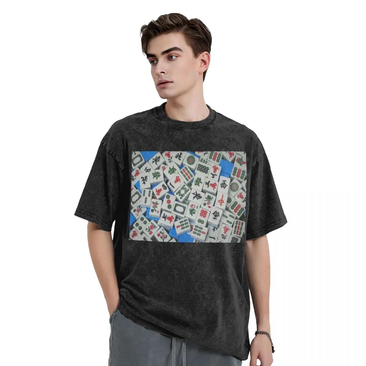 Mahjong Tile Pattern Washed T Shirts Harajuku Short Sleeve Hip Hop T-Shirt Streetwear Tops Tees for Men Women