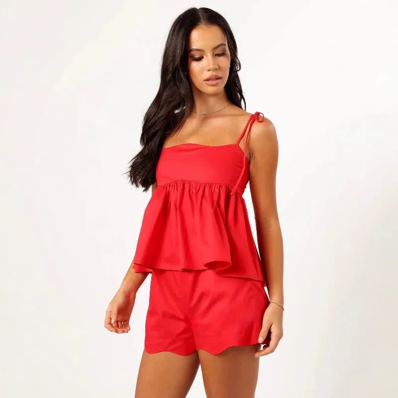 Casual Summer Red Two Piece Shorts Set Women Tie Strap Ruffle Camisole High Waist Loose Shorts Beach Holiday Daily Outfits