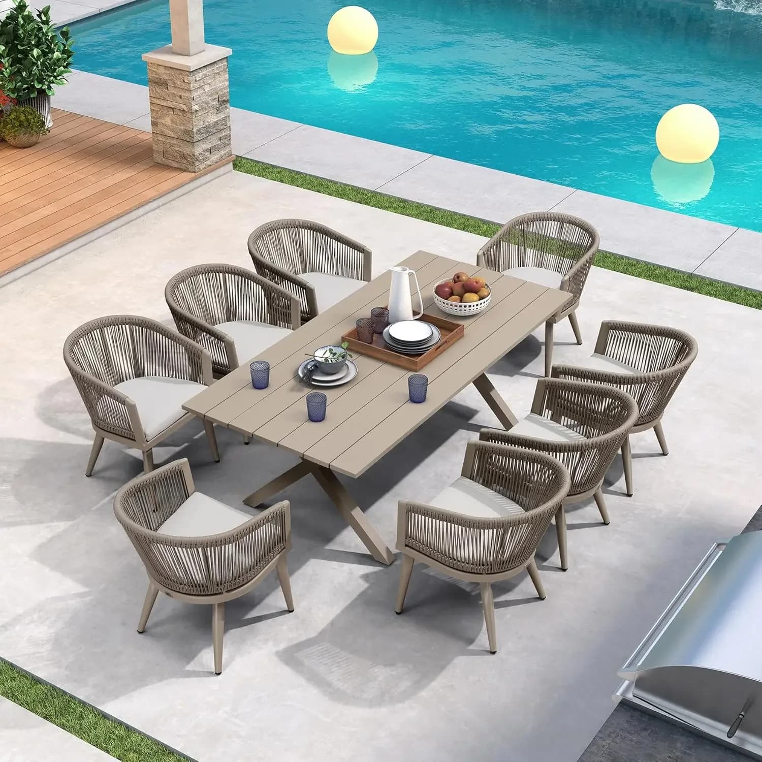 Outdoor Dining Set for 8 All-Weather 9 Pieces Patio Aluminium Dining Table and Rope Weave Chairs Included Cushions for Backyard Deck Decor Kitchen Modern Patio Furniture Set Champagne