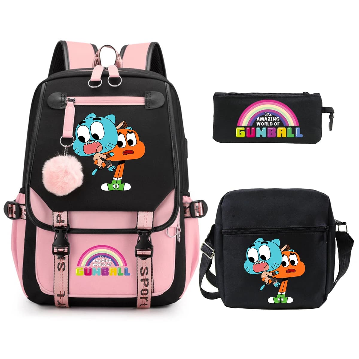3pcs Set The Amazing World of Gumball Backpack Shoulder Bag Pencil Bag Student Boy Girl Schoolbag Teenager Women Travel Rucksack