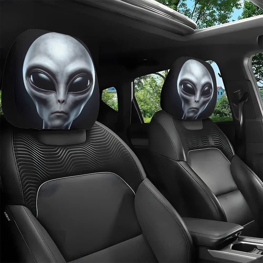 2 mysterious car headrest cover with grey leather alien pattern, car seat accessories suitable for everyday commuting