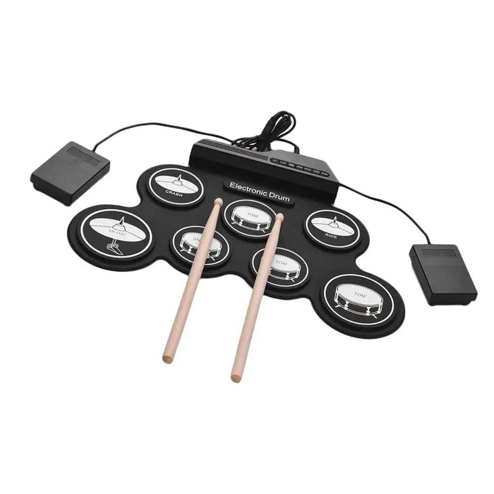 Set di batteria elettronica portatile con 7 pad, effetti sonori e pedaliera di sustain, ideale per principianti
