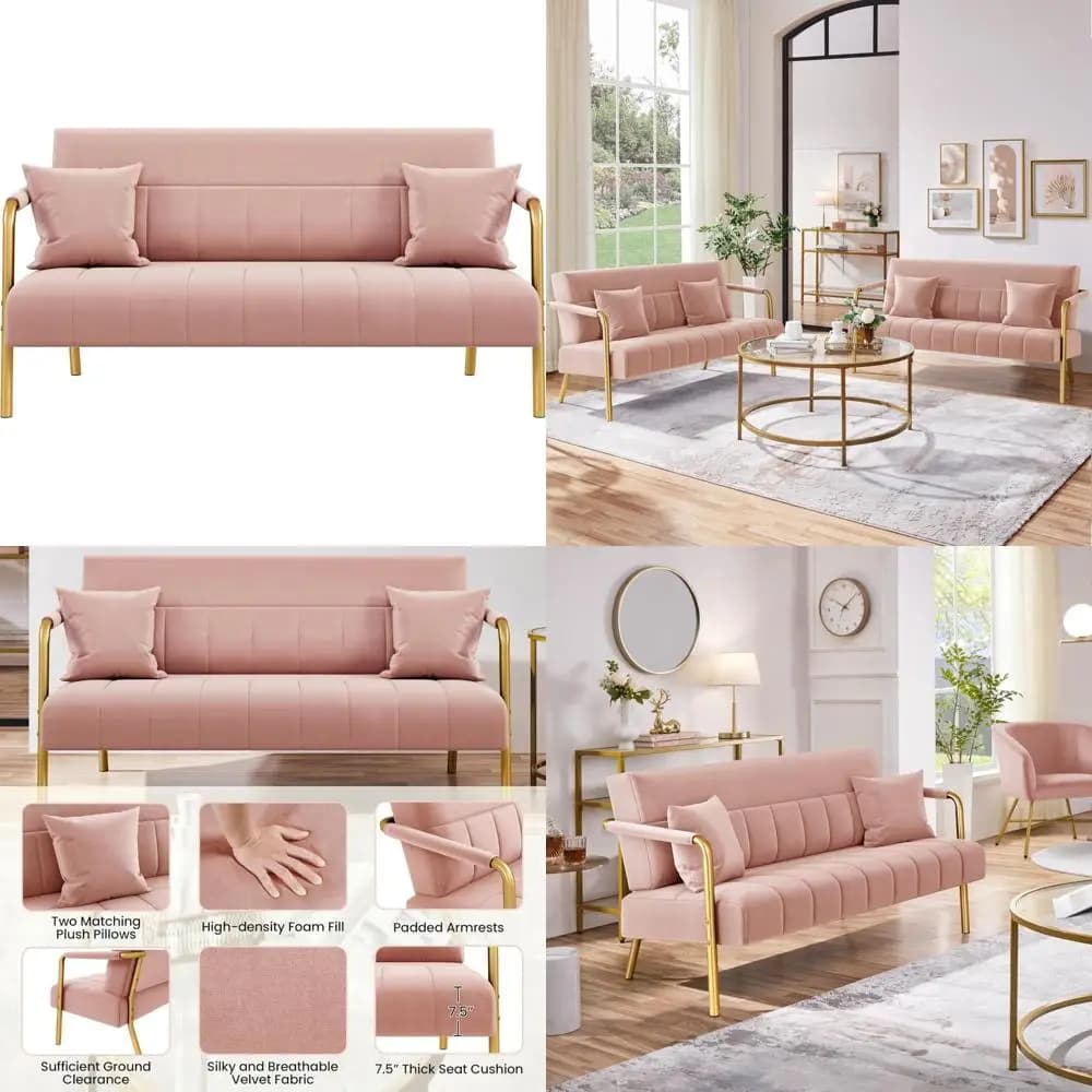 yaheetech 56,5" w divano moderno divanetto lussuoso divano in tessuto di velluto con braccioli e gambe in metallo color oro per soggiorno, casa