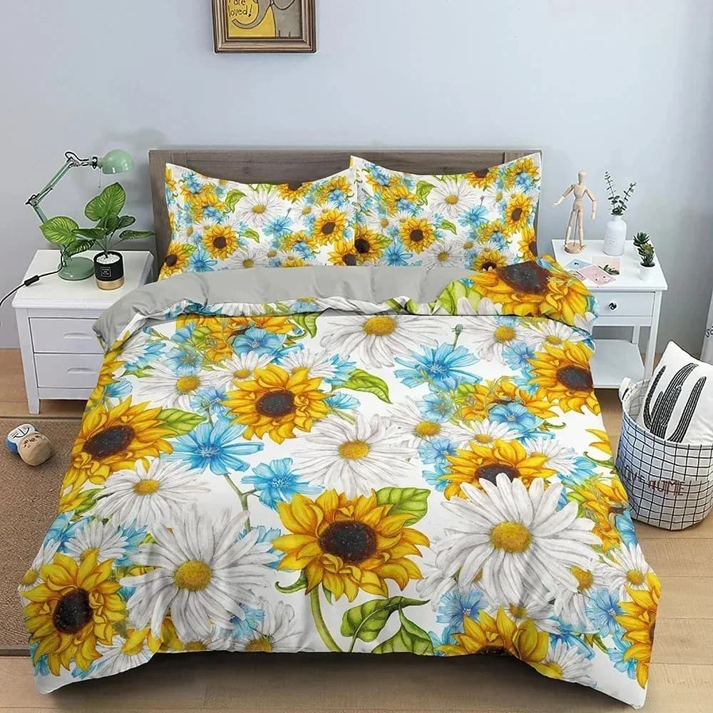 Bellissimo Set di Biancheria da Letto con Motivi Floreali, Copripiumino, Lenzuolo Stampato, Federe, Set Completo per Letto Matrimoniale, Queen o King Size
