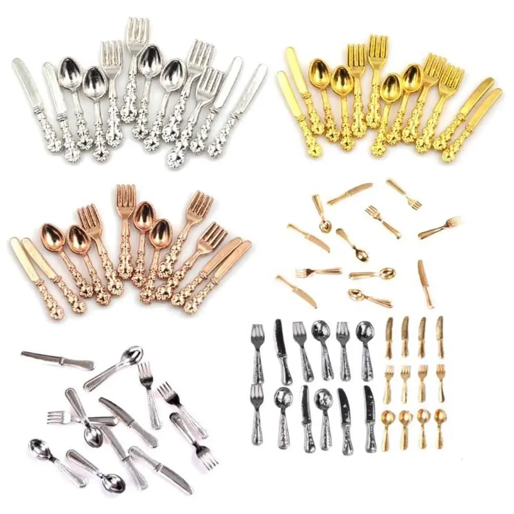 12PCS Metal Kitchen 1:12 Scale Accessory Miniature Cookware Simulation Mini Cutlery Fork Knife Spoon