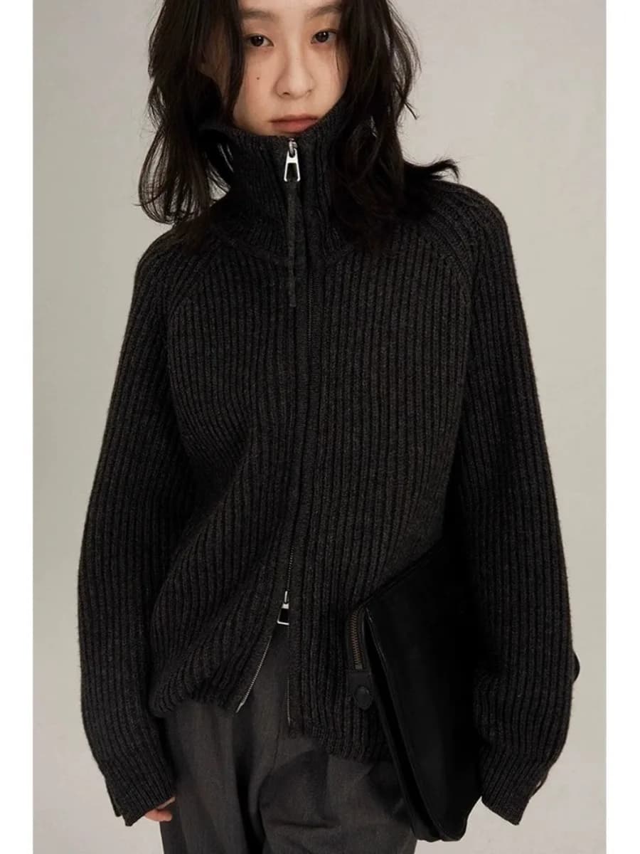 Cardigan in cashmere con doppia zip e risvolto nero autunno/inverno dal design pesante, cappotto in maglia spessa a maniche lunghe in lana 100 da donna
