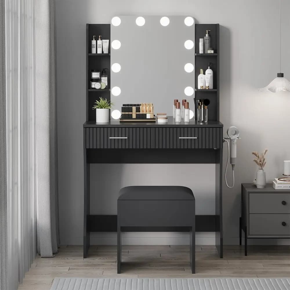 Modern make-up toe with mirror and LED lights, desk with power outlet, 2 drawers, 6 shelves, hairdryer and stool