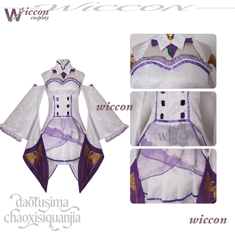 Costume Cosplay Anime Re Zero Emiria con Ricami in Pizzo, Abito Bianco e Viola, Calzini, Accessori per Capelli e Parrucche per Halloween