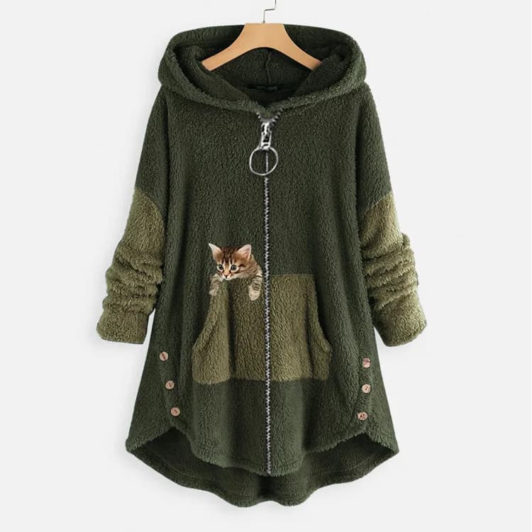 Cappotto con cappuccio Giacca da donna Felpa con cappuccio Patchwork Stampa gatto Cerniera Cappotto spesso Streetwear Capispalla femminile autunno inverno