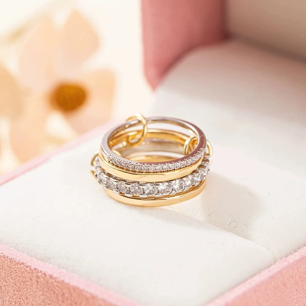 Set of 4 stackable rings with small round zircone stones for woman, gold and silver color, wedding rings, jewelry, gifts for Mother's Day