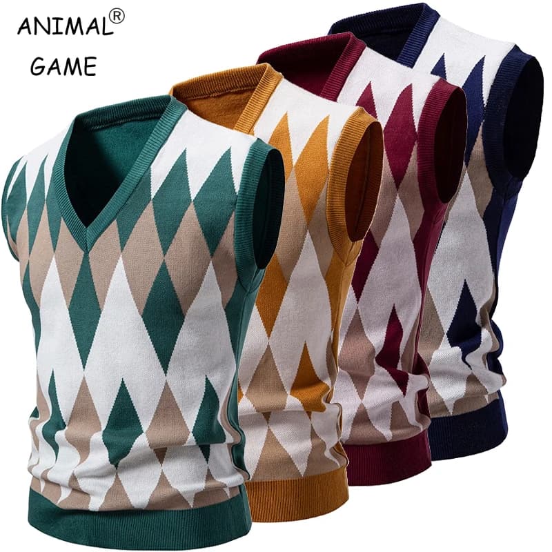 Nuovo gilet da uomo in maglia a rombi con scollo a V senza maniche, casual, slim fit, maglione lavorato a maglia, gilet leggero