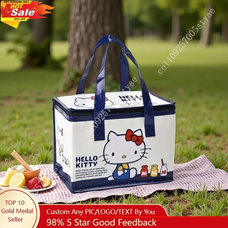 1 pz Borsa Pranzo Grande Hello Kitty Cartone Animato, Pieghevole, Portatile, Borsa Bento, Borsa a Mano Isolante, Estetica Elevata, per Picnic
