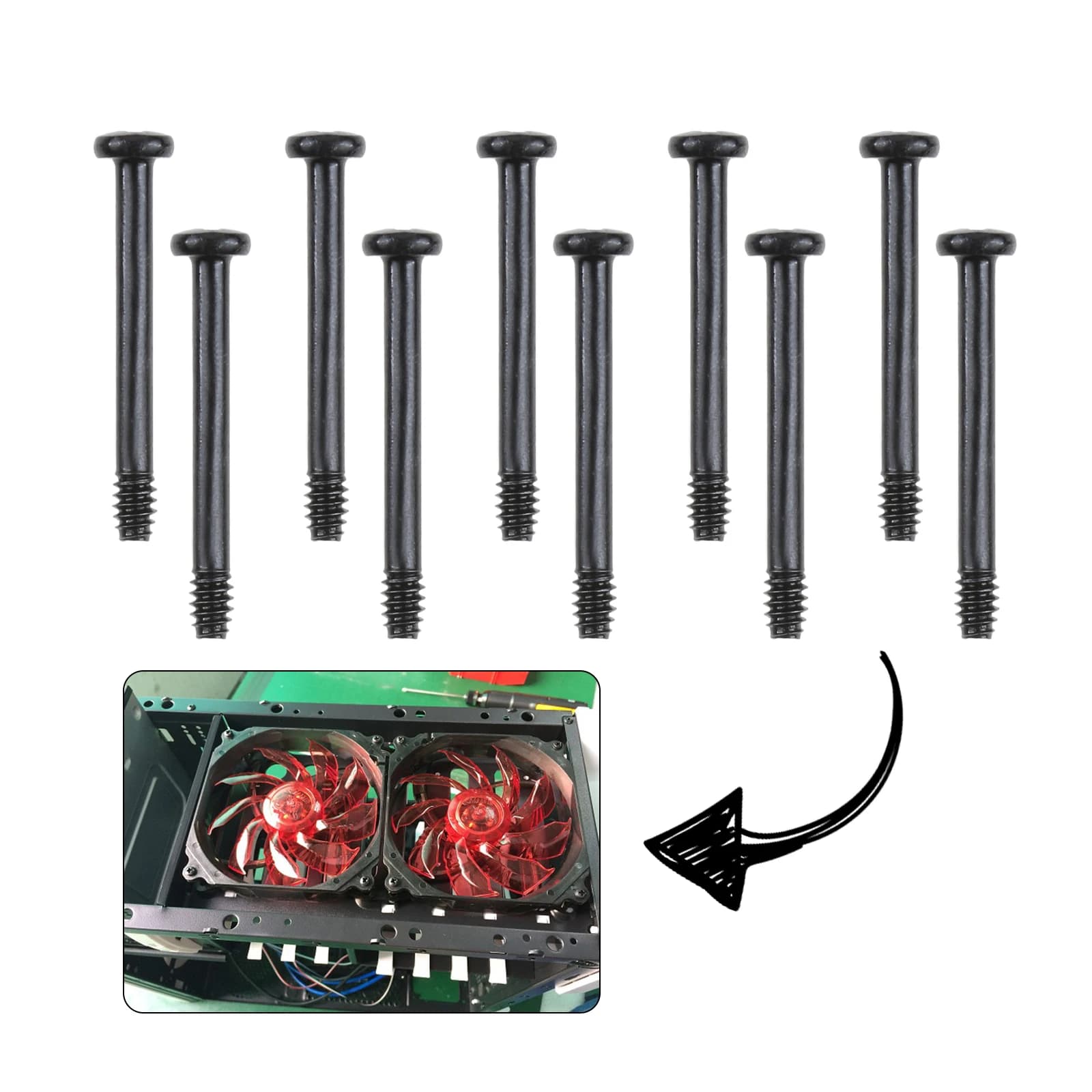 Vite per ventola di raffreddamento ad acqua per case del computer da 10 pezzi Acciaio al carbonio 6 # Chiodi con filettatura M3.4 perni di montaggio a testa piatta da 32 mm per PC Box Video Card Cooler