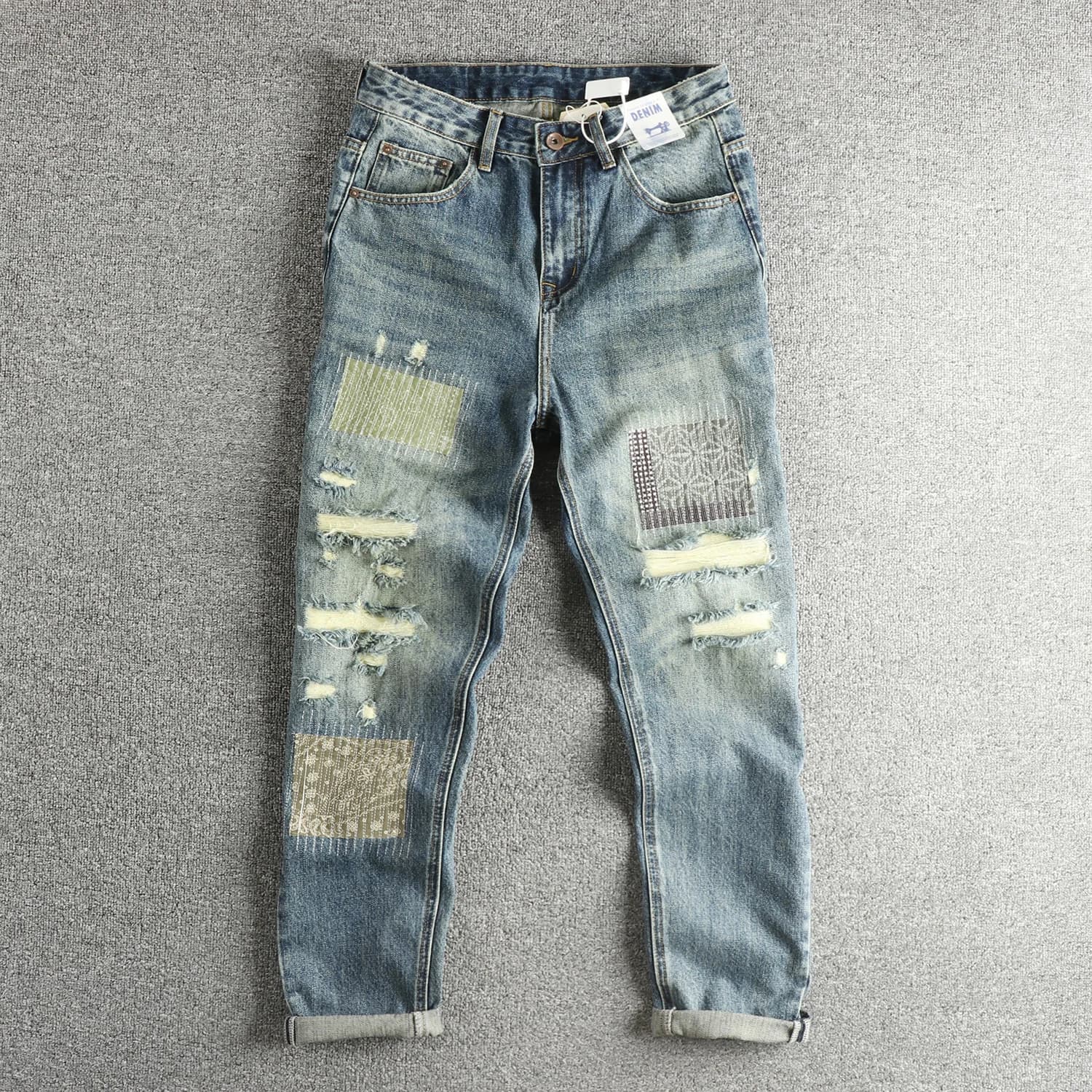 Retro Blue Large Hole Patchwork Jeans Men's Loose Straight Casual High Street Trendy Long Trousers Denim Pants Cotton Polyest...