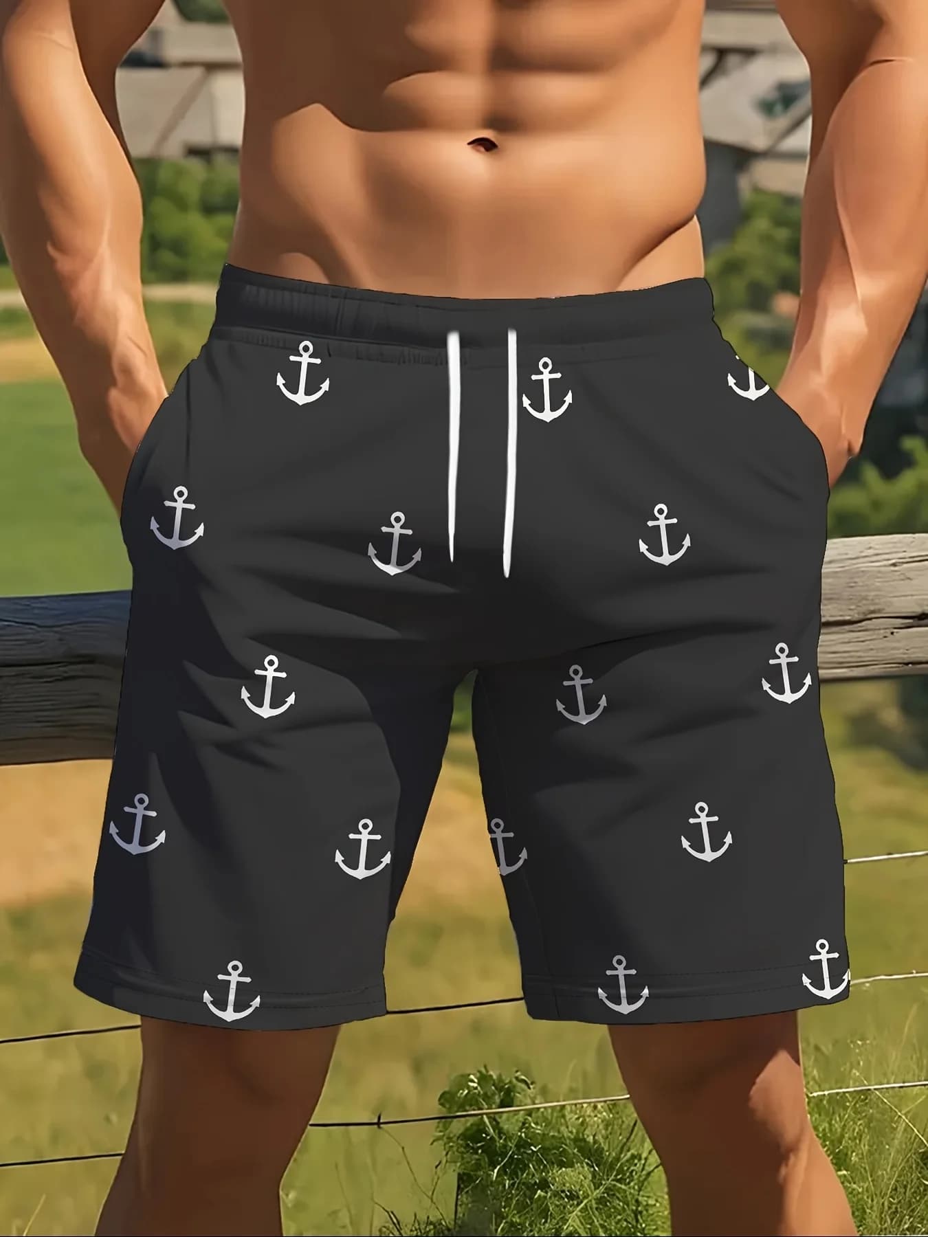 European and American men's summer boat anchor graffiti print micro elastic breathable drawstring shorts outdoor casual pants