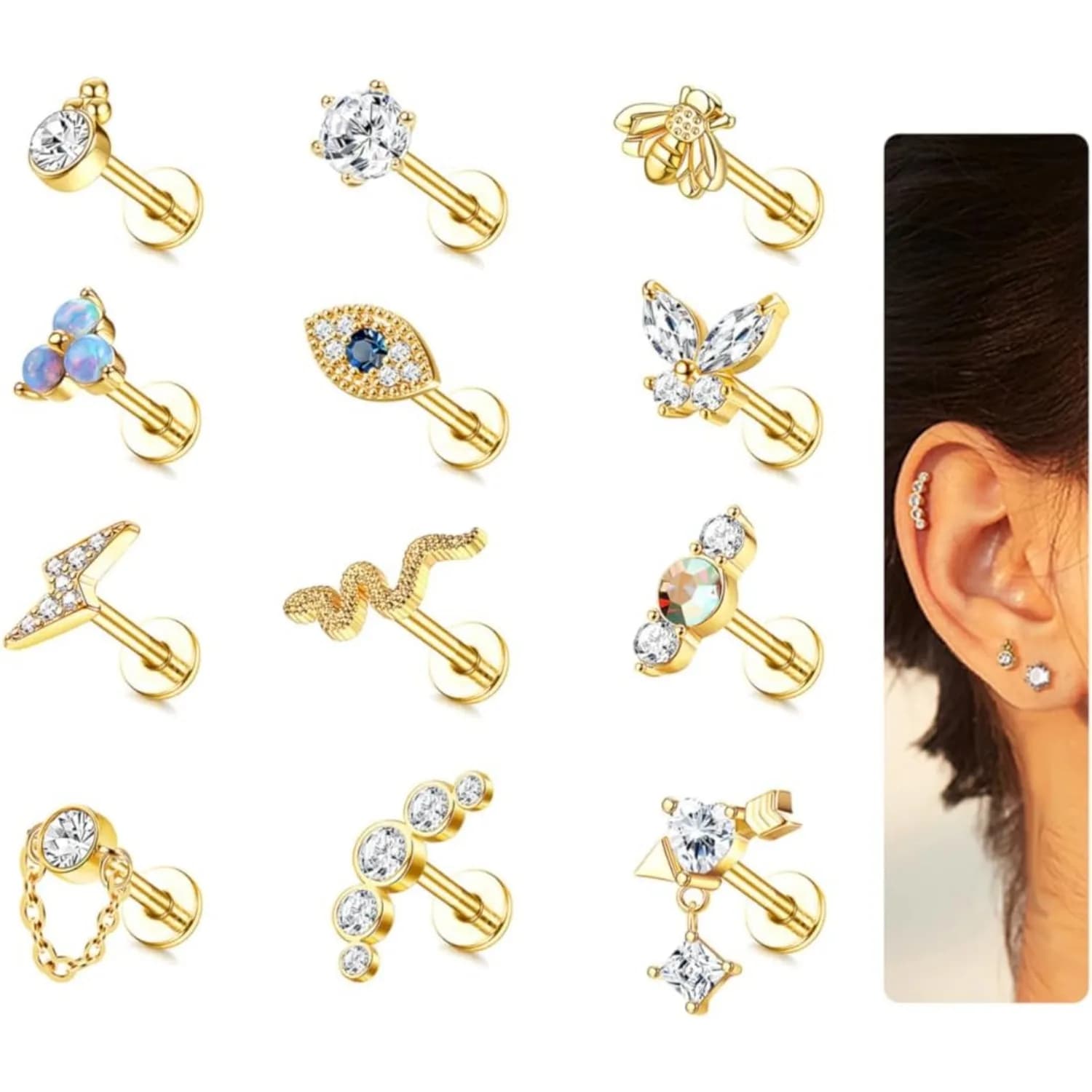 Bobisty 1Pc Cartilage Earrings Stud for Women Surgical Steel Flat Back Earrings Snake Evil Eye CZ Earring Helix Piercing Jewelry