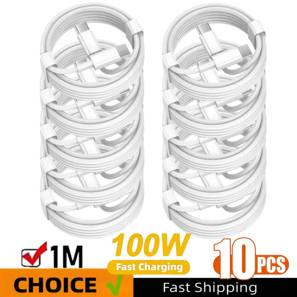 10PCS PD 100W USB C to USB Type C Cable Fast Charge Data Cable For Iphone 15 16Pro Huawei Samsung Xiaomi Data Line White 1M